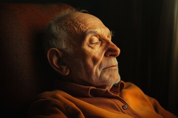 Elderly man resting in a chair with soft light illuminating his peaceful face
