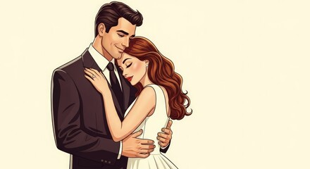 Illustration of a newly engaged couple embracing tenderly with affection