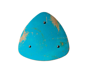 Abstract wood object, modern futuristic background. Triangle blue object, isolated. Fragment of a torn, painted, shabby chair. Old vs. modern. Minimalist furniture, interior decoration. PNG