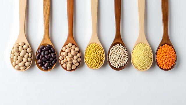 Seven wooden spoons with various types of legumes on white surface