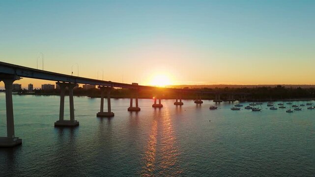Coronado California Bridge at Sunset Golden Hour and the City of San Diego