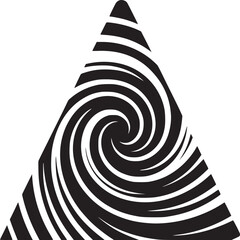 A black triangle with a spiral pattern inside on a white background in a minimalist design style