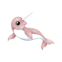 Cute pastel narwhal illustration with soft textures, isolated on white, ideal for children&rsquo;s designs and whimsical ocean themes.