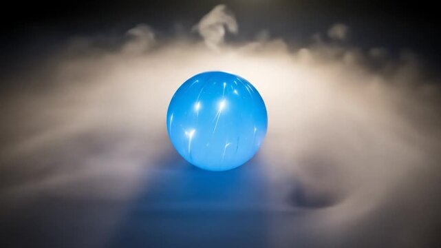 Mysterious blue sphere floating amidst swirling fog and light effects enhancing its surreal