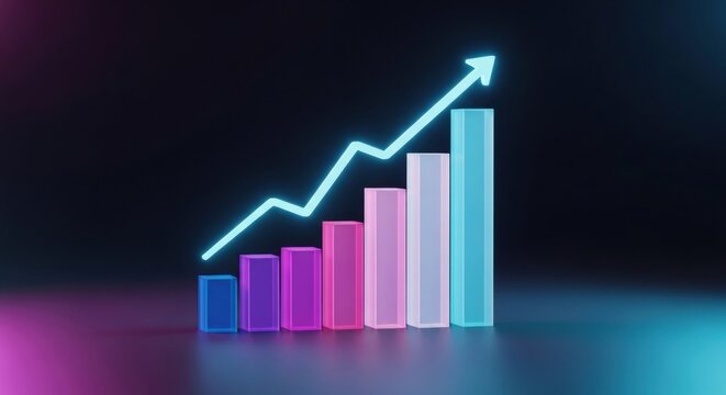 A glowing neon arrow follows a rising digital bar chart, indicating financial success. - Powered by Adobe