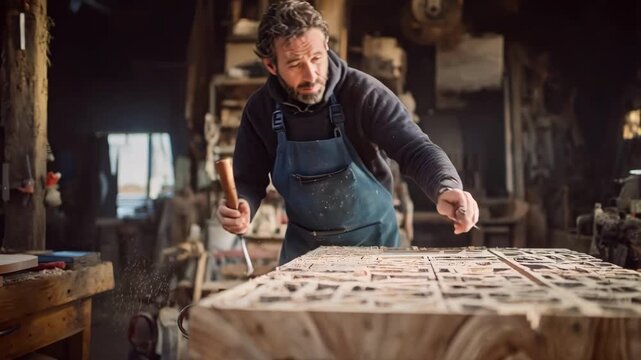Medium shot of a worker inspecting a wooden pattern on a workbench preparing it for moldmaking in a metal foundry environment.