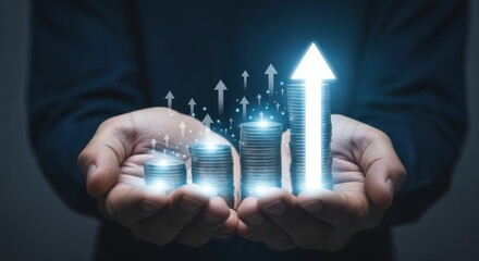 Hands holding glowing coin stacks showing a strong financial growth concept