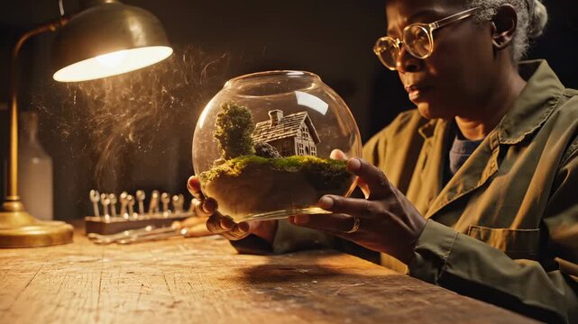 Woman holds terrarium with miniature house inside glass sphere. Artist examines tiny home in terrarium on desk. Glass sphere contains miniature house with moss. Woman studies terrarium at workspace.