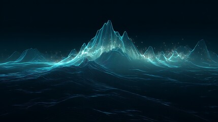 A digital visualization of mountainous peaks emitting a luminous, ethereal glow against a dark backdrop