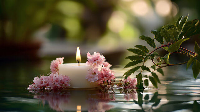 White candle with pink blossoms floating on water peaceful spiritual ritual meditation scene natural beauty tranquil ceremony serene atmosphere gentle lighting defocused ref