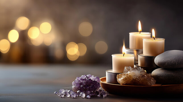 Zen meditation corner with crystals and burning candles minimalist spiritual space mindfulness practice area peaceful sanctuary holistic wellness setup calm atmosphere soft