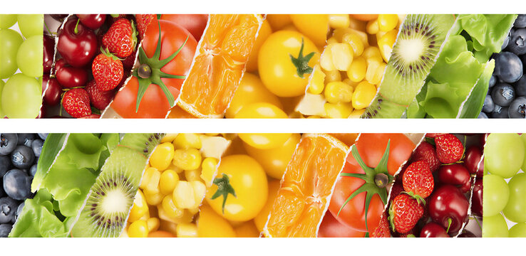 collage of fresh vegetables and fuit. Background of fruits, vegetables and berries