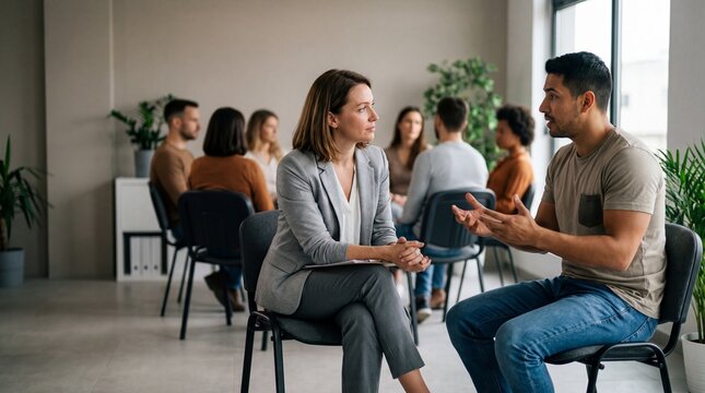 Compassionate female therapist listening to hispanic man speaking during group therapy session in modern office with support circle background - Powered by Adobe