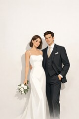 Elegant illustrated bride and groom stand arm in arm against a clean background, creating a modern, refined look great for invitations, announcements, and branding.