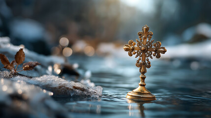 Ornate golden cross touching icy river water winter religious ceremony sacred blessing ritual traditional practice cold weather celebration spiritual moment frost and snow