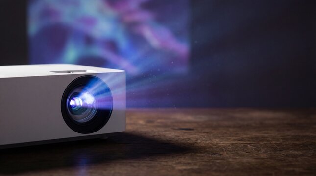 Modern white video projector on a wooden table emitting a bright blue beam of light with visible dust motes in a dark room for home cinema entertainment