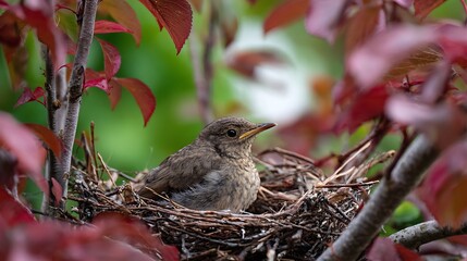 A fledgling bird sits nestled in its woven nest, surrounded by vibrant red and green foliage
