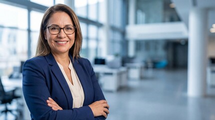 Portrait of a confident middle aged Hispanic businesswoman smiling with arms crossed in a modern corporate office wearing glasses and a blue blazer