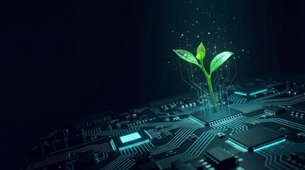 Vibrant green plant seedling sprouting from glowing blue computer circuit board symbolizing sustainable technology and digital innovation growth