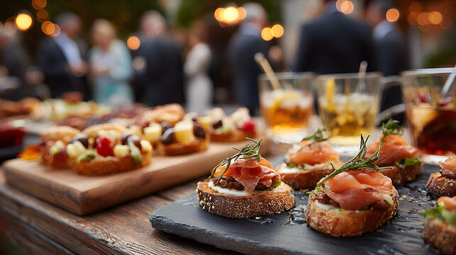 close up view of catering appetizers and drinks on table with blurred business professionals networking at corporate event in background