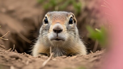 Alert ground squirrel emerging from burrow