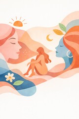 A seated woman floats within flowing pastel waves, sun, moon, and leaves, evoking inner reflection, growth, and feminine energy for wellness, lifestyle, or editorial projects.