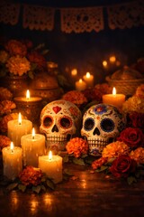 Two painted sugar skulls rest amid clusters of marigolds, roses, and softly flickering candles, creating a warm, reflective Dia de los Muertos scene ideal for cards and editorial layouts.