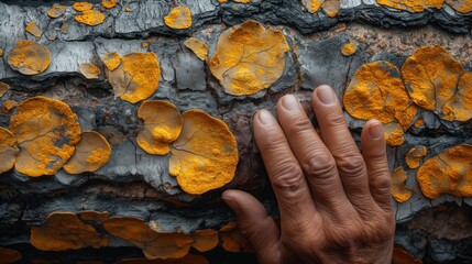 Hand touching tree bark with orange lichen texture