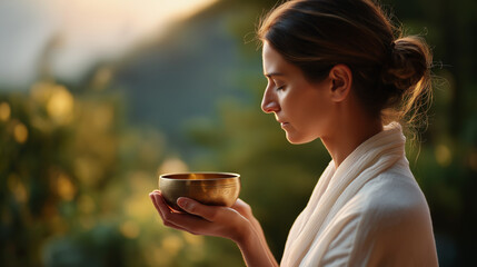 Faceless woman practicing sound healing tibetan singing bowl outdoors meditation therapy spiritual wellness ritual holistic practice nature setting peaceful atmosphere