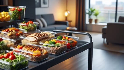 Obraz premium Healthy meal prep containers on a modern cart in a stylish apartment living room with copy space