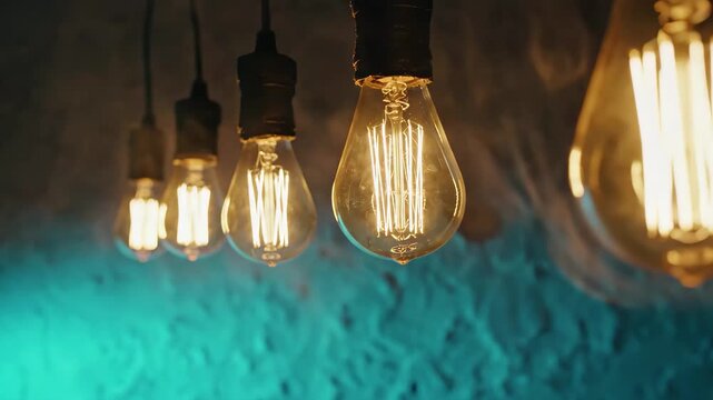 Row of glowing vintage edison light bulbs with visible filaments, illuminated in a warm amber light against a moody, textured blue and brown background
