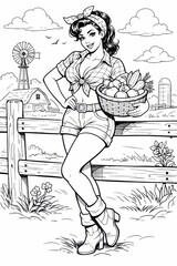 Confident country girl stands by a wooden fence with a brimming basket of garden vegetables against a pastoral farm backdrop, ideal for food, harvest, and rural lifestyle themes.