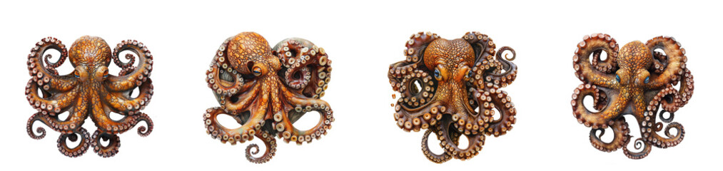 Four Detailed Illustrations Brown Octopuses