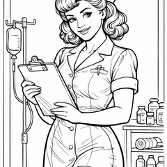 Warm, vintage nurse calmly reviews a patient chart in a stocked medical room with IV stand and shelves of supplies, ideal for healthcare history, posters, and educational layouts.