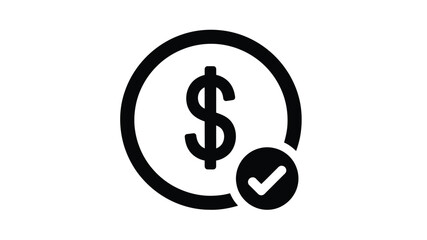 Simple black and white icon depicting a dollar sign inside a circle with a checkmark © ASK_Studio