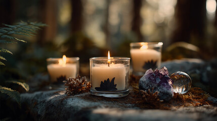 Burning candles with moon symbol and gemstones crystal sphere forest natural background spiritual ritual tradition esoteric ceremony magic practice defocused woodland with