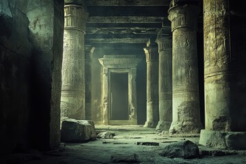 Hidden ancient temple with carved columns and a mysterious doorway in dim light