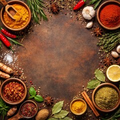 Warm, fragrant herbs and spices form a vibrant frame on a rustic surface, ideal for culinary blogs, restaurant menus, recipe books, and gourmet branding layouts.