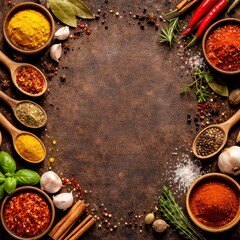Bright ground spices and herbs surround a clear center on a rustic surface, perfect for recipe layouts, culinary blogs, menu designs, and food-related advertisements.