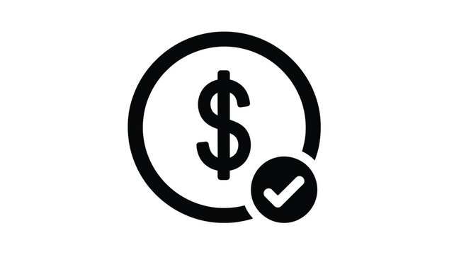 Simple black and white icon depicting a dollar sign inside a circle with a checkmark