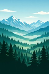 Tall, stylized view of deep pine forests guiding the eye to layers of misty, snowcapped peaks under a soft blue sky, perfect for posters, book covers, or travel branding.