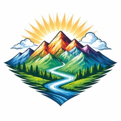 Dynamic emblem-style illustration of sunlit peaks, lush green hills, and a bright river leading into the distance, ideal for logos, packaging, or outdoor adventure graphics.