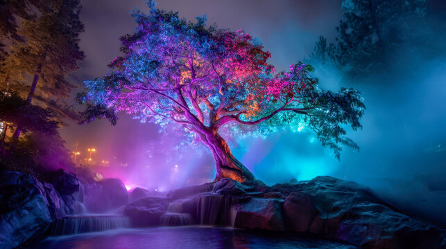 A bioluminescent tree illuminated by neon blue and purple light from a misty waterfall creates a magical nighttime forest landscape with a futuristic, fantasy atmosphere