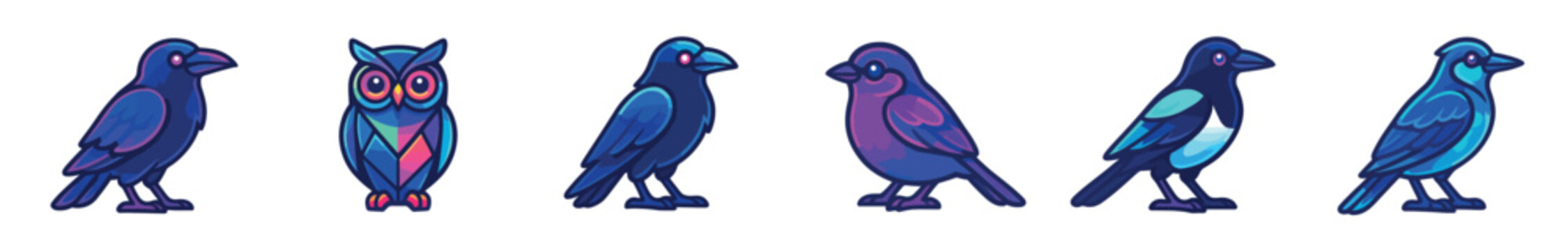Set of six colorful bird illustrations including a crow, owl, and magpie in a vibrant cartoon style with bold outlines and a cool color palette