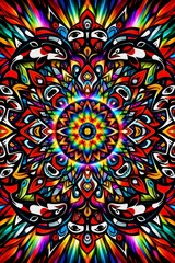 Dazzling psychedelic mandala radiating rainbow hues and intricate tribal animal motifs, perfect for festival posters, album covers, digital wallpapers, and spiritual themed artwork.
