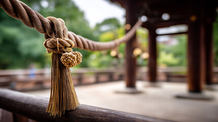 Sacred rope marking spiritual space entrance traditional shrine boundary religious ceremony element cultural practice spiritual protection symbol peaceful setting defocused