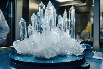 Beautiful clear crystals arranged in a stunning display within a scientific setting