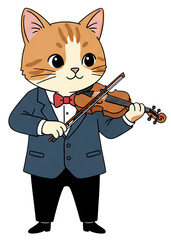 Cartoon cat playing violin in tuxedo with bowtie  