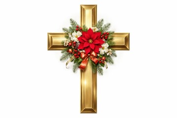 Shining golden cross adorned with poinsettia, evergreen branches, and festive berries on white, ideal for religious Christmas cards, church bulletins, and faith-based designs.