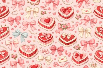 Charming seamless pattern of red heart-shaped cakes, bows, and love icons on pink, ideal for Valentine?s packaging, greeting cards, textiles, and romantic digital designs.